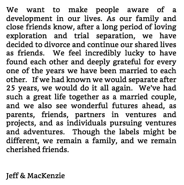 Основатель Amazon Джефф Безос объявил о разводе со своей женой Маккензи после 25 лет брака