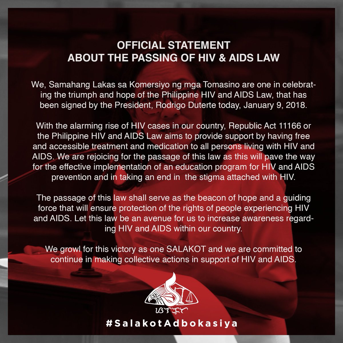 USTsalakot's tweet photo. Sa araw na ito, nakikiisa ang SALAKOT sa  pagdiriwang ng pagkakalagda ng Pangulong Duterte sa HIV and AIDS LAW. 

Ito ay magsisilbing hakbang tungo sa pagkakaroon ng kamalayan at suporta sa mga indibidwal na kasalukuyang dumaranas ng HIV at AIDS.

#SalakotAdbokasiya https://t.co/GcHmgliurA