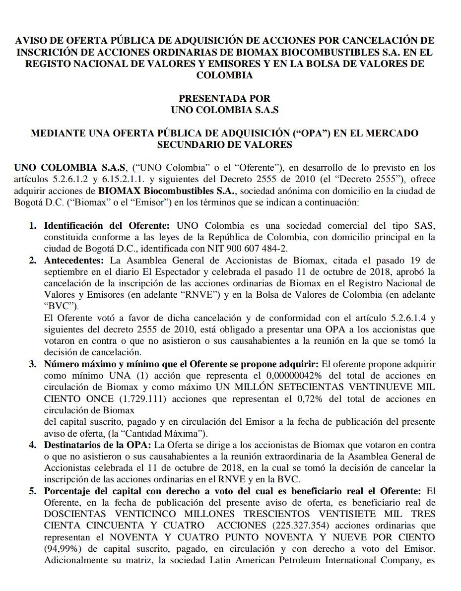 josejournaliste's tweet image. Oferta Pública de adquisición de acciones por cancelación de inscripción de acciones ordinarias de #Biomax del #RNVE y la @bvcColombia