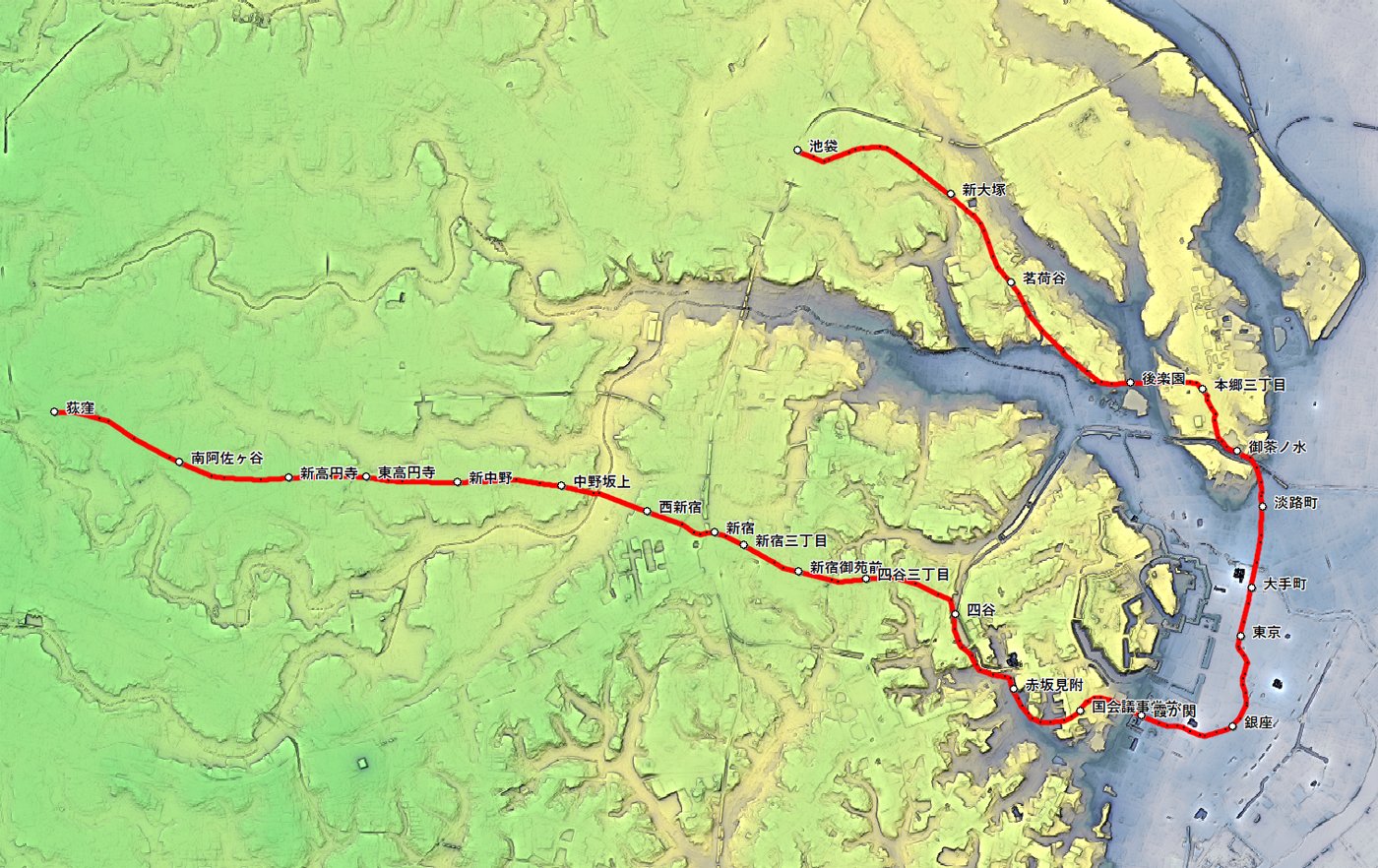 Dan杉本 東京メトロ丸ノ内線の地形断面図 駅の標高を構内図の階数から算出して 駅間は内挿と想像による 中野坂上の先の落ち込みは善福寺川の横断 海面下は東京駅周辺で あとはかなり標高があるところ走っている 国会議事堂駅はもう少し低いかも
