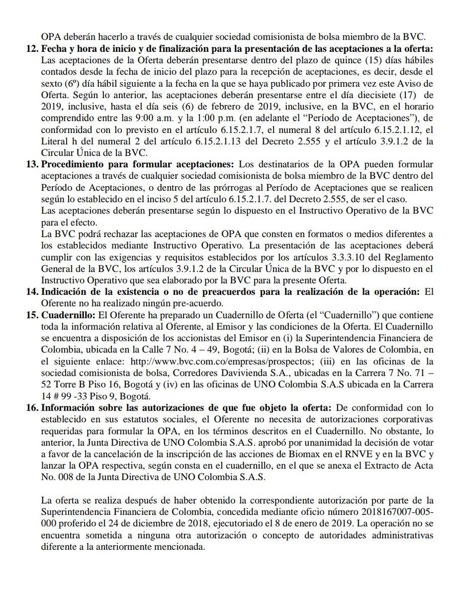 josejournaliste's tweet image. Oferta Pública de adquisición de acciones por cancelación de inscripción de acciones ordinarias de #Biomax del #RNVE y la @bvcColombia