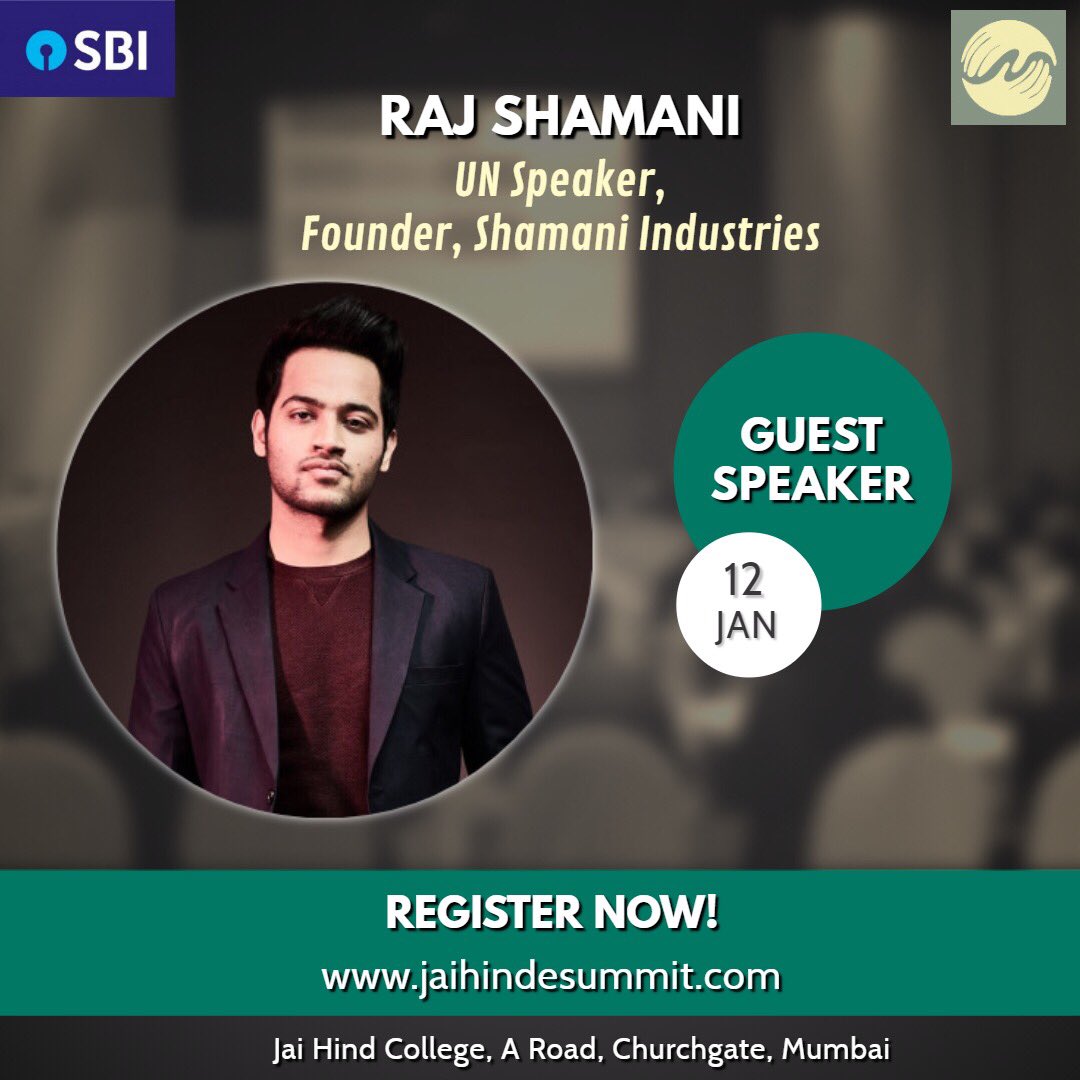 jaihindesummit's tweet photo. The final speaker for E-Summit 2018-19 is titled in the list of the ‘Top 5 Young Influencers of India’, Mr. @rajshamani.
.
.
.
#JaiHindCollegeESummit #ESummit2018
#YourNetworkIsYourNetworth #ESummitTeam2018 #Entrepreneurship #BusinessLeaders #BeYourOwnBoss #SpeakerRelease https://t.co/zXOGcpK6qg