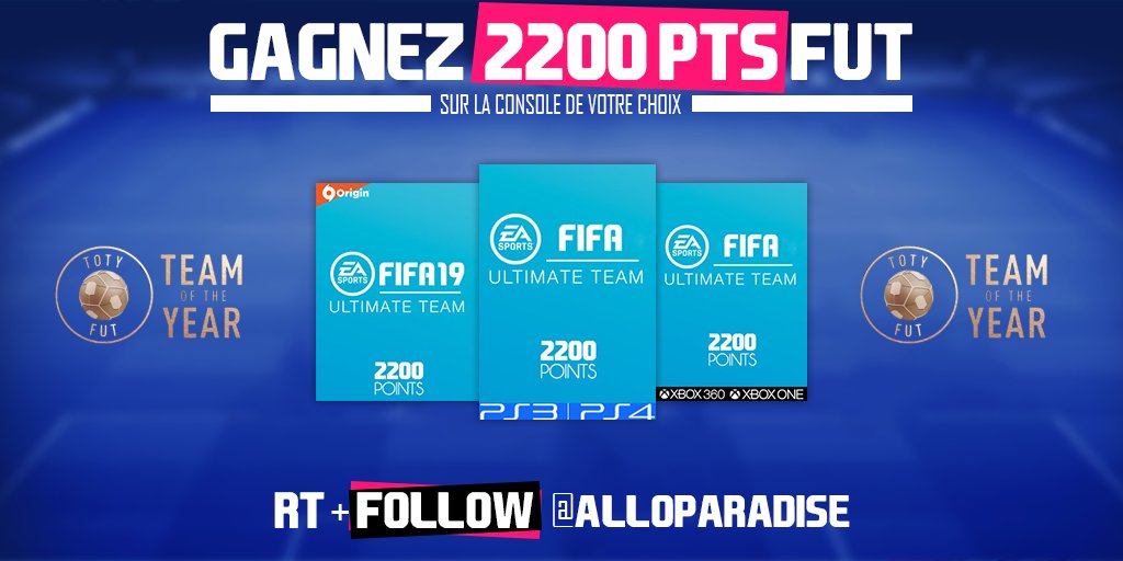 alloparadise's tweet photo. #CONCOURS spécial #TOTY 

Tentez de gagner 2200 pts #FUT19 ⚽ pour packer les joueurs de la fabuleuse Team of the Year 💪

Pour participer 

1⃣ RT ce Tweet
2⃣ Follow @alloparadise 

Tirage au sort 12/01 🍀 https://t.co/AJuLfXg23k