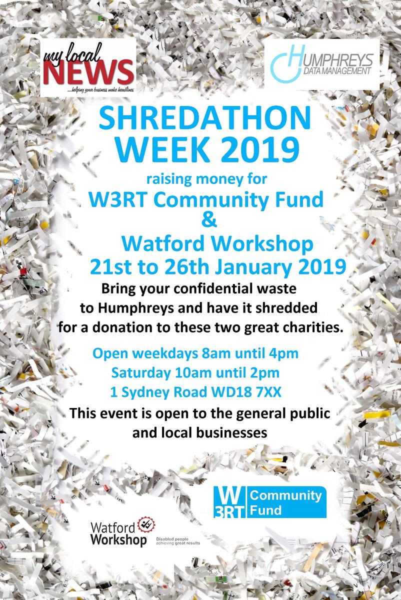 WatfordWorkshop's tweet photo. A huge thank you to Humphreys Data Management who will be raising funds for Watford Workshop during their Annual Shredathon! https://t.co/wOqxQvLzcf