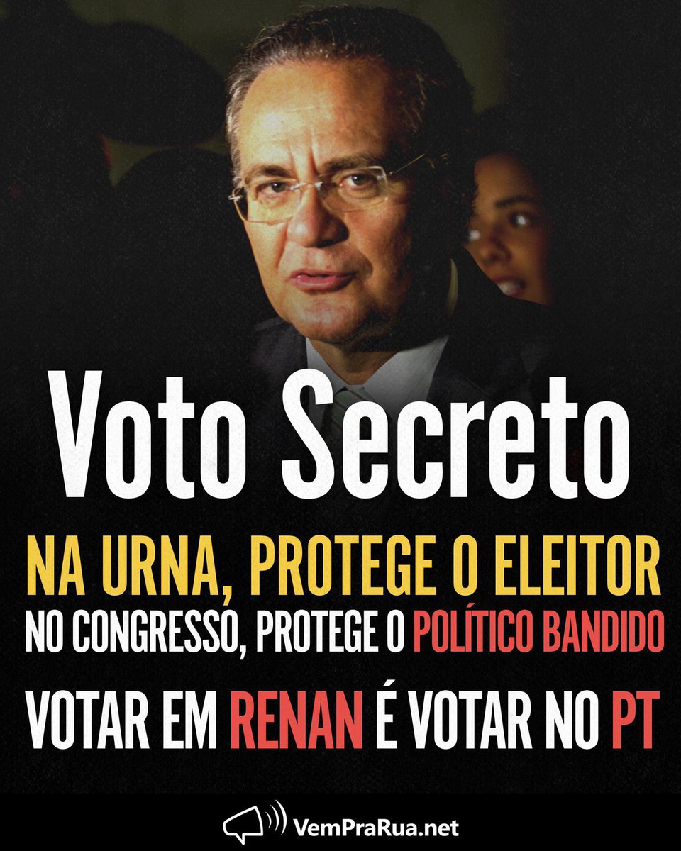 _vempraruasp's tweet photo. Voto Secreto. Na urna, protege o eleitor. No Congresso, protege o político bandido.
Votar em Renan é votar no PT! #RenanNão #VotoAberto https://t.co/jaej0ZzO8l