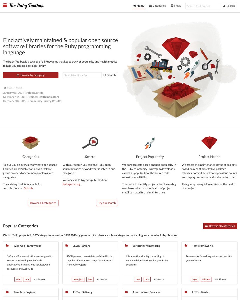 Happy new year everyone! In an effort to make the site more welcoming and accessible the <a href="/rubytoolbox/">The Ruby Toolbox</a> now features a new landing page: ruby-toolbox.com/blog/2019-01-0…

Let me know what you think, your feedback is highly appreciated :)