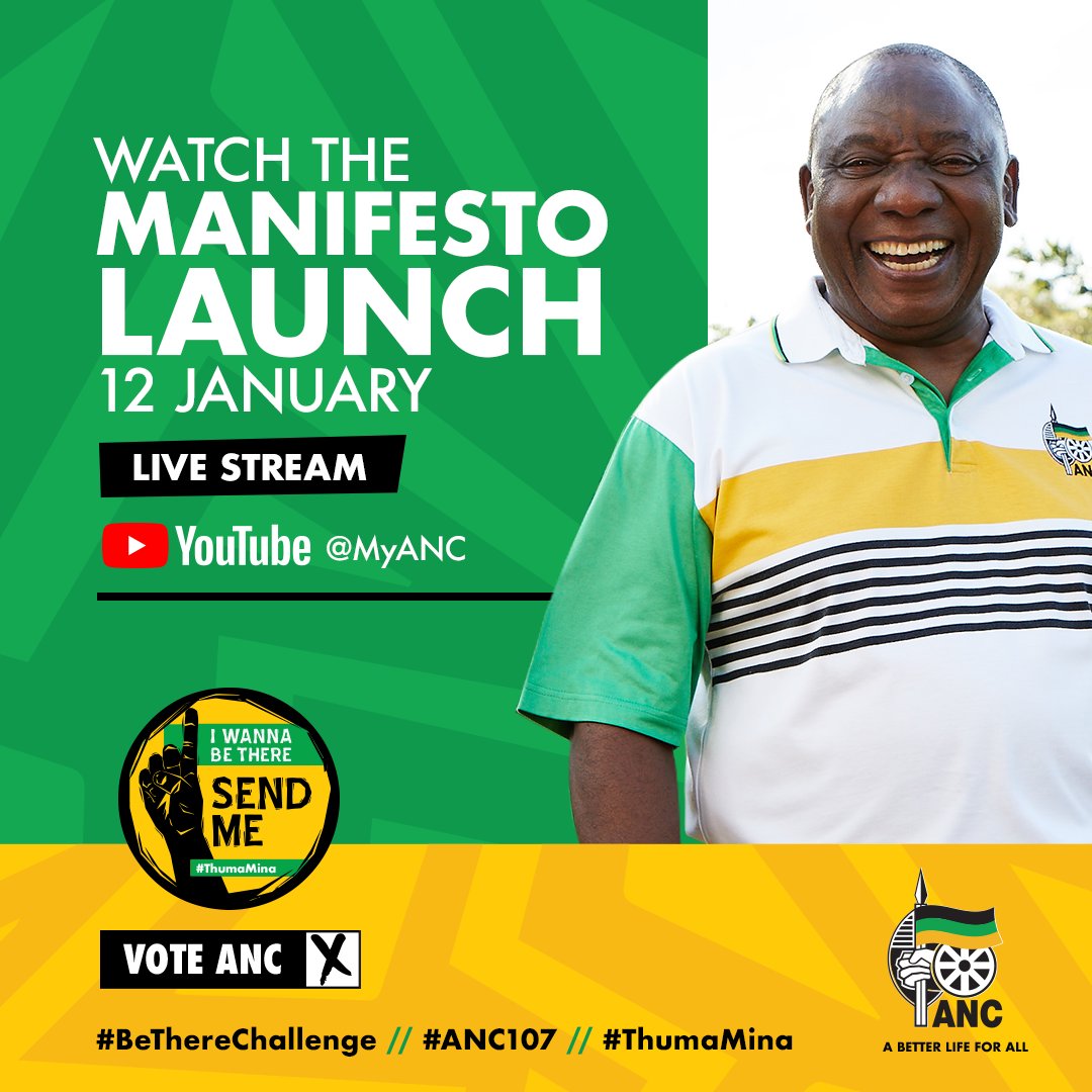 MYANC's tweet photo. #BeThereChallenge, the countdown has begun to the #PeoplesManifesto at Moses Mabhida stadium this Saturday, the 12th January 2019. Join us on the journey to building a united and democratic South Africa. #ANC107 #ThumaMina https://t.co/bZHTPxqeWw
