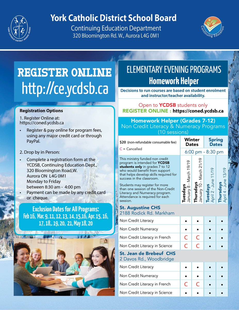 Winter or spring sessions available for Homework Helper (Grades 7-12) Non credit literacy and numeracy evening program at St. Augustine CHS in Markham and St. Jean de Brebeuf CHS in Woodbridge for YCDSB students in grades 7 to 12. Register Now.
