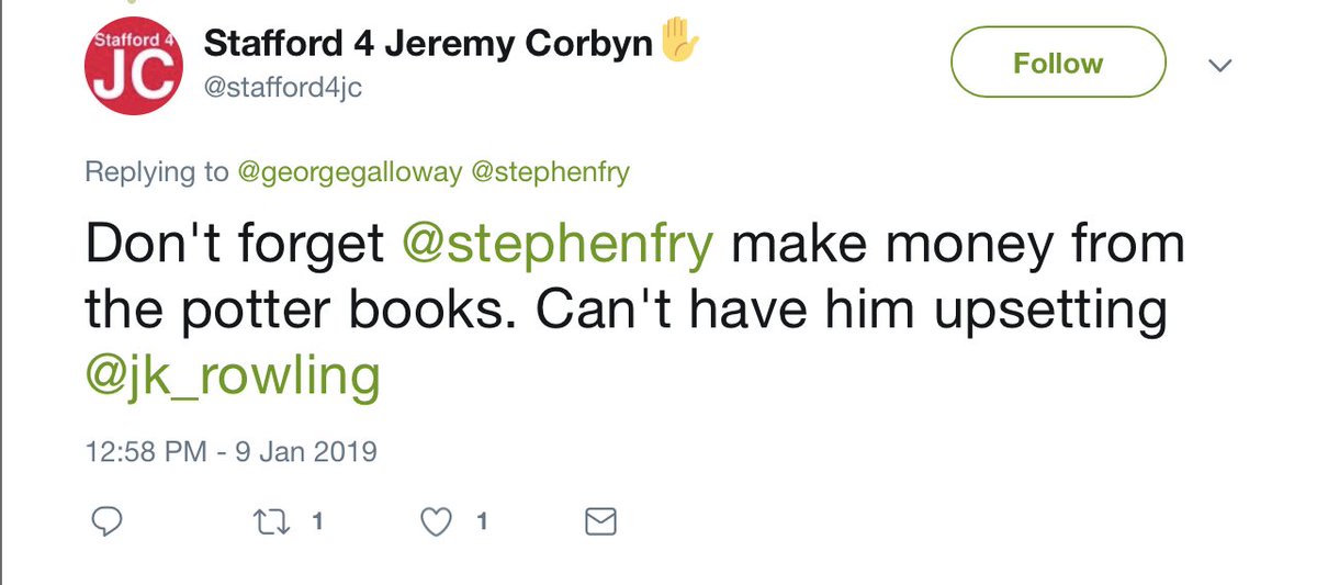 Nothing says 'our movement has no problem with antisemitism' than suggesting a man of Jewish ancestry is secretly motivated by fear of losing money. But thanks for tagging me in, <a href="/stafford4jc/">#WeAreTheLeft</a>. If you hadn't, I wouldn't have been able to tell you to go fuck yourself.