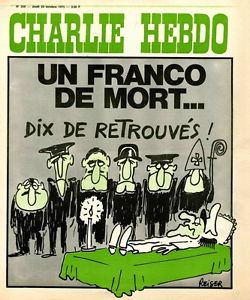#Espagne Cette une de Charlie Hebdo du 23 octobre 1975 n'a pas pris une ride. Le spectre de #Franco plane toujours.
