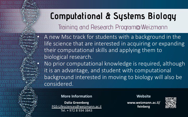 roi1avraham's tweet photo. Registration is now open for the #computational and #system biology MSc track @WeizmannScience. Program is aimed for students with a background in #Lifescience, interested in acquiring or expanding their computational skills. More details at the weizmann open day March 1st! https://t.co/LfBarvq2ZD