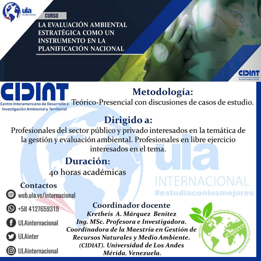 #ula #ulainternacional #ula_venezuela #estudiaconlosmejores #cursos #cidiat #desarrolloeinvestigacion #ambiental #territorial #universidaddelosandes 
Mayor Información: 
ULA Internacional
+58 4127659319
ulainternacional@gmail.com 
Visita nuestra Web:
web.ula.ve/internacional/