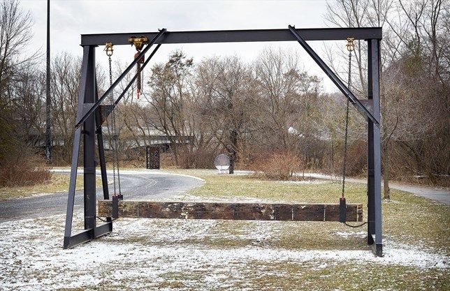 "It consists of a salvaged pine beam, which spans 16 feet and acts as the seat, that is suspended from a found steel gantry." Check out the 3 new public art installations along the Lower Don! bit.ly/2QsEPoE via <a href="/torontodotcom/">toronto.com</a>