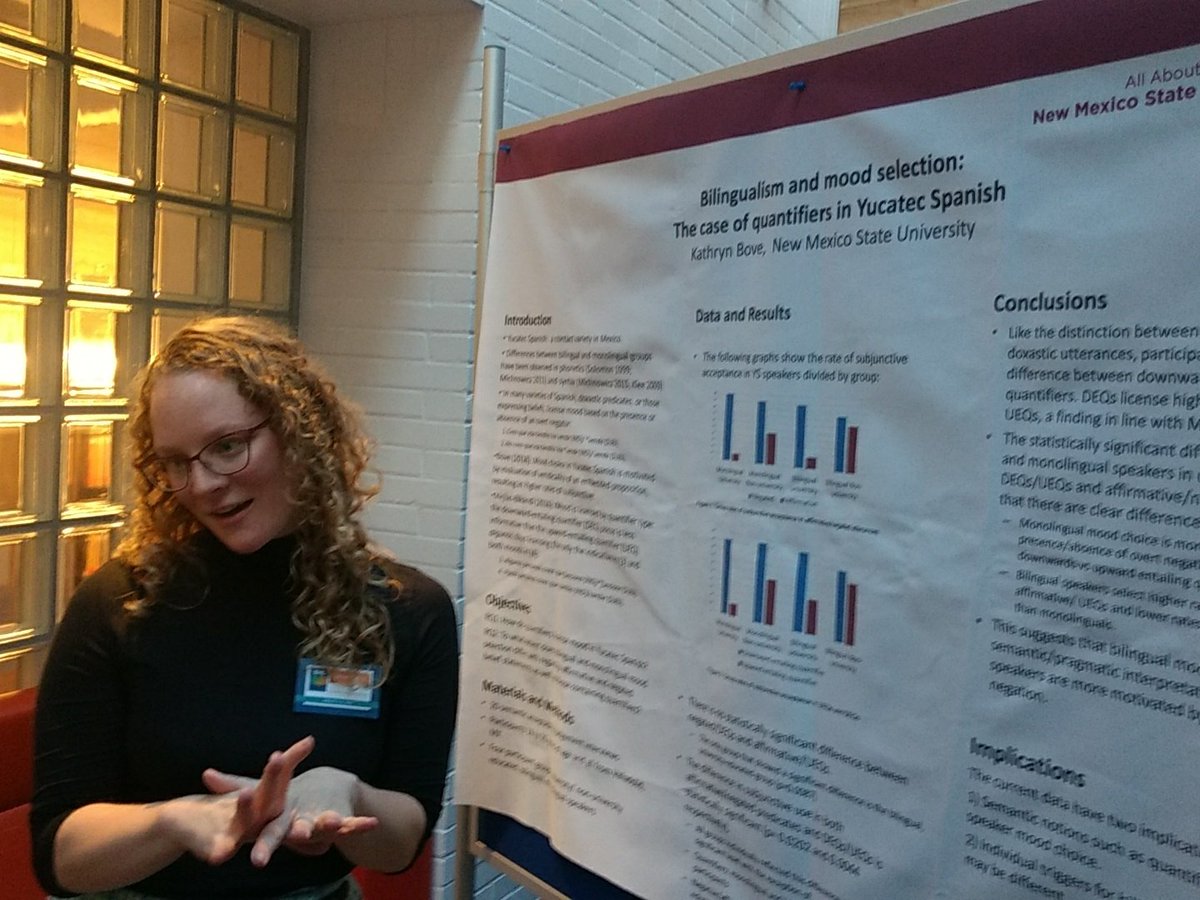 BHL2019's tweet photo. Kathryn Bove explaining #bilingualism in the case of #quantifiers in #yucatec #spanish contact Linguistics @NMSUNews https://t.co/BQwAthx4hB
