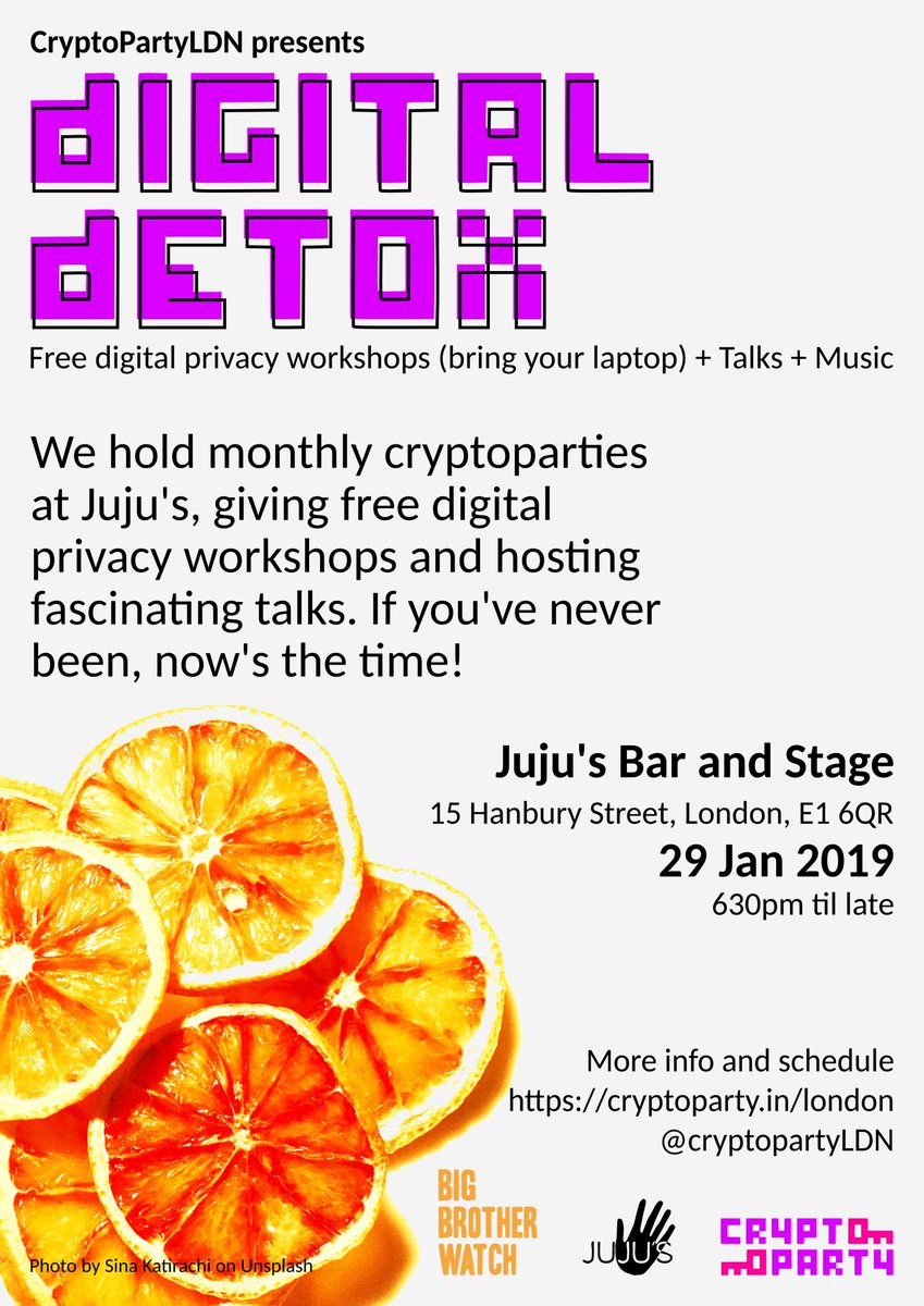 CryptoParty London (@cryptopartyldn) on Twitter photo NEWS π¨
DATA DETOX is the next CryptoParty London
Tue 29 Jan 6.30pm-late, <a href="/Jujusbarstage/">Juju's Bar & Stage</a>
FREE. ALL WELCOME.
Feeling a bit scrolled out from 2018? Need some private time? Come along for data wellness, banish those nasty trackers and set your intentions for a secure 2019. NEWS π¨
DATA DETOX is the next CryptoParty London
Tue 29 Jan 6.30pm-late, <a href="/Jujusbarstage/">Juju's Bar & Stage</a>
FREE. ALL WELCOME.
Feeling a bit scrolled out from 2018? Need some private time? Come along for data wellness, banish those nasty trackers and set your intentions for a secure 2019.