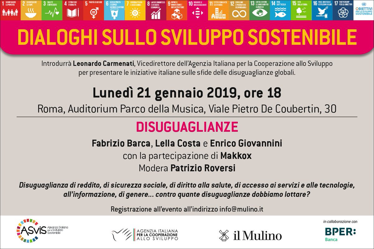 edizionimulino's tweet photo. Lunedì 21 gennaio @AuditoriumPdM nell'ambito dei Dialoghi sullo sviluppo sostenibile si parla di "Disuguaglianze" con @fabriziobarca, Lella Costa e Enrico Giovannini. Partecipa @makkox con le sue vignette "live". Modera Patrizio Roversi #DSS18 https://t.co/87Up069lUN