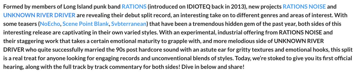 Full album stream and track-by-track blurbs from bands up at <a href="/IDIOTEQ/">IDIOTEQ</a> for #RationsNoise / #UnknownRiverDriver split LP/CS. Available in US on Friday 1/11 from 86'd, <a href="/Radgirlfriend/">RadGirlfriendRecords</a>, and <a href="/torjohnsonrec/">Tor Paul</a>. 🤠🤡🥳