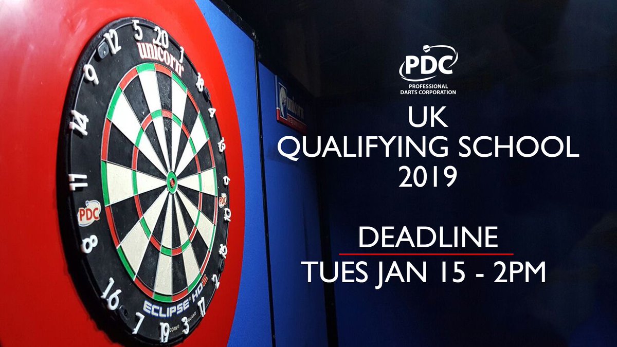 Q SCHOOL! Do you think you can make it on the PDC Circuit? 

The deadline for the UK Qualifying School is 1400 GMT on Tuesday January 15.

➡️ pdc.tv/news/2019/01/0…