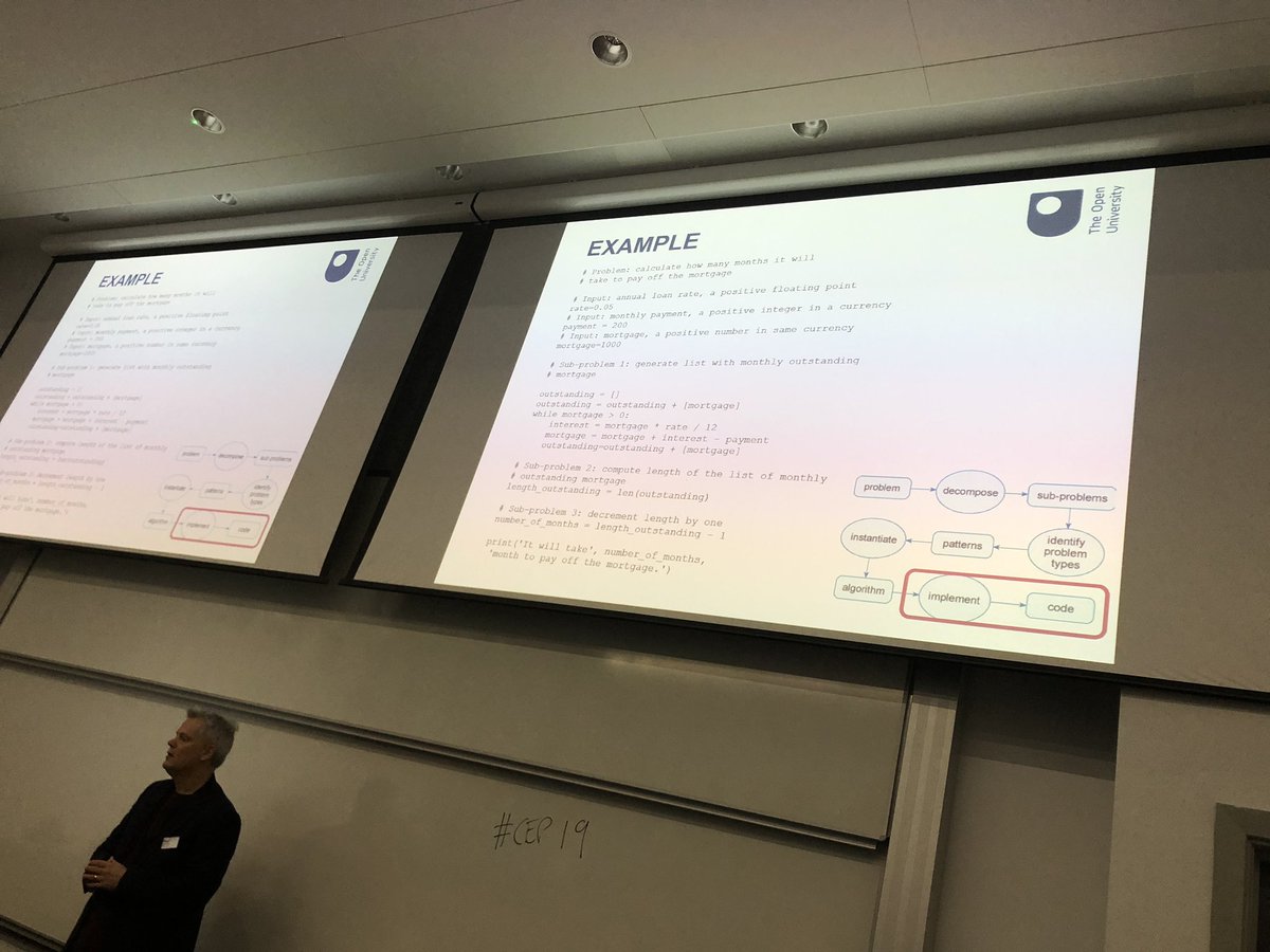 CompEdPractice's tweet photo. Interesting talk from Paul Piwek @OpenUniversity “Learning to program: from problems to code” using patterns and natural language descriptions to help students understanding 😀👍🏽 #CEP19 https://t.co/PagRgcu2va
