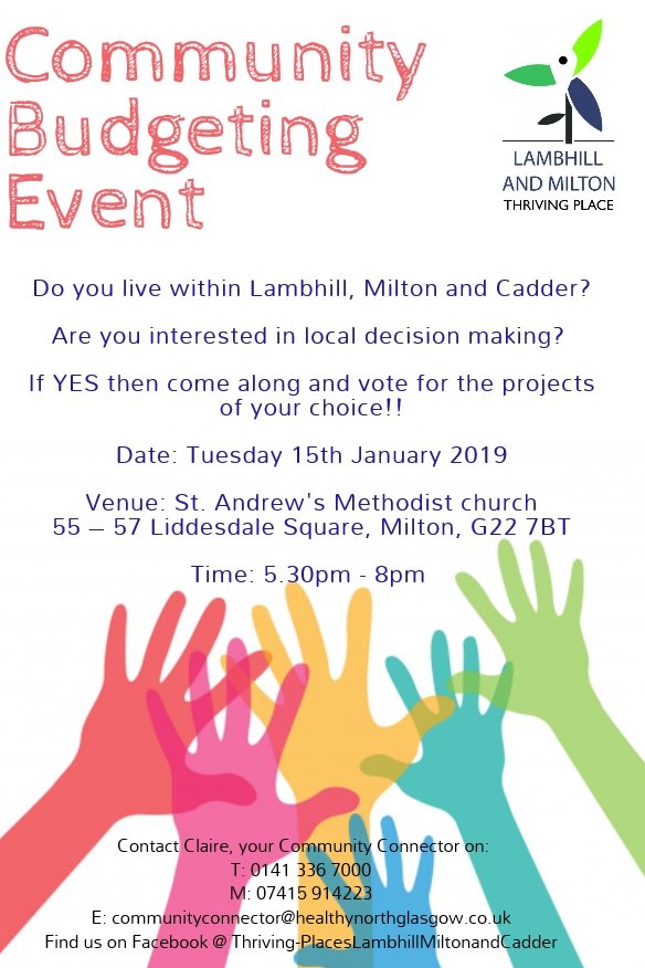 CadderMilton's tweet photo. Community Budgeting Event Tuesday 15th January!!
Help to develop your local community by voting for your favourite project.
See poster below for more information 😄 #communitybudgeting #communityempowerment #communitydevelopment #makingadifference https://t.co/M0avp1zZwa