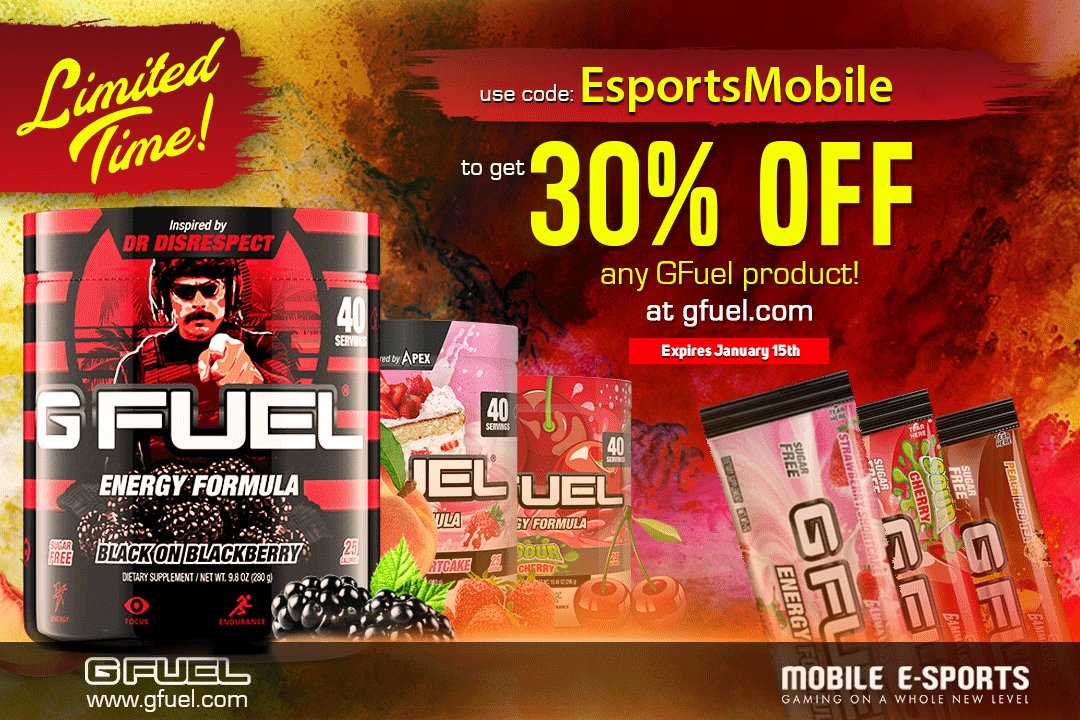 eSports_Mobile's tweet photo. Our Code 'EsportsMobile' now gets you 30% off your #GFUEL purchase! Visit https://t.co/NfLuSDTRrD &amp; take advantage of this amazing sale. Get a new flavor in this new year😋👍. #Esports #Games #Gaming #Gamers #Energy #WednesdayWisdom #WednesdayMotivation https://t.co/ucliLT50Q3