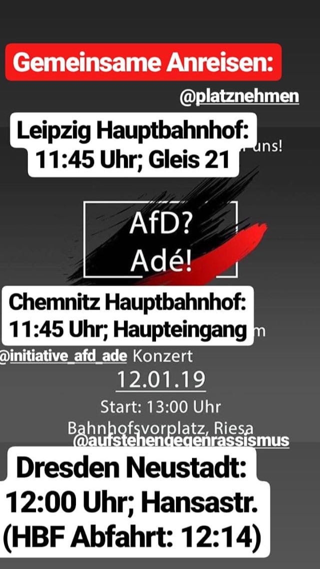 Samstag dann ein kräftiges #NAZISRAUS in Riesa. Kommt mit uns gegen den AfD-Parteitag auf die Straße! 

Gemeinsame Anreisen gibts ab Dresden, Chemnitz und Leipzig.
#afdade #NoAfD #rie1201