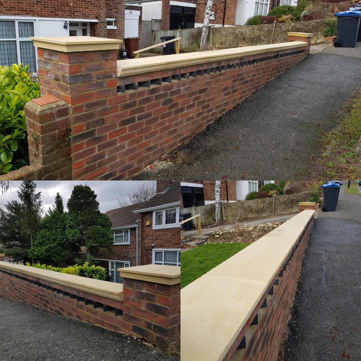 brymarts's tweet photo. Just installed the copings on this front boundary wall, the clients now have an impressive, new front boundary wall. Do you need a new brick wall? #walls #brickwalls #sandstonecopings #brickpiers #redbricks #frontwall https://t.co/1TNgCDijRR