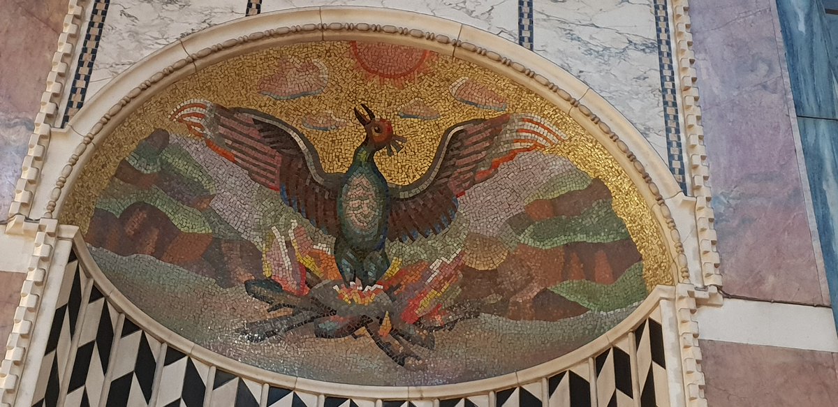 RCWestminster's tweet photo. A phoenix rises against a golden sky under a blazing sun. Some mosaic #WeatherInChurches from @WestminsterCath. #AnimalsinChurches #AnimalsinChurchesHour https://t.co/1a4Kx0bTdY