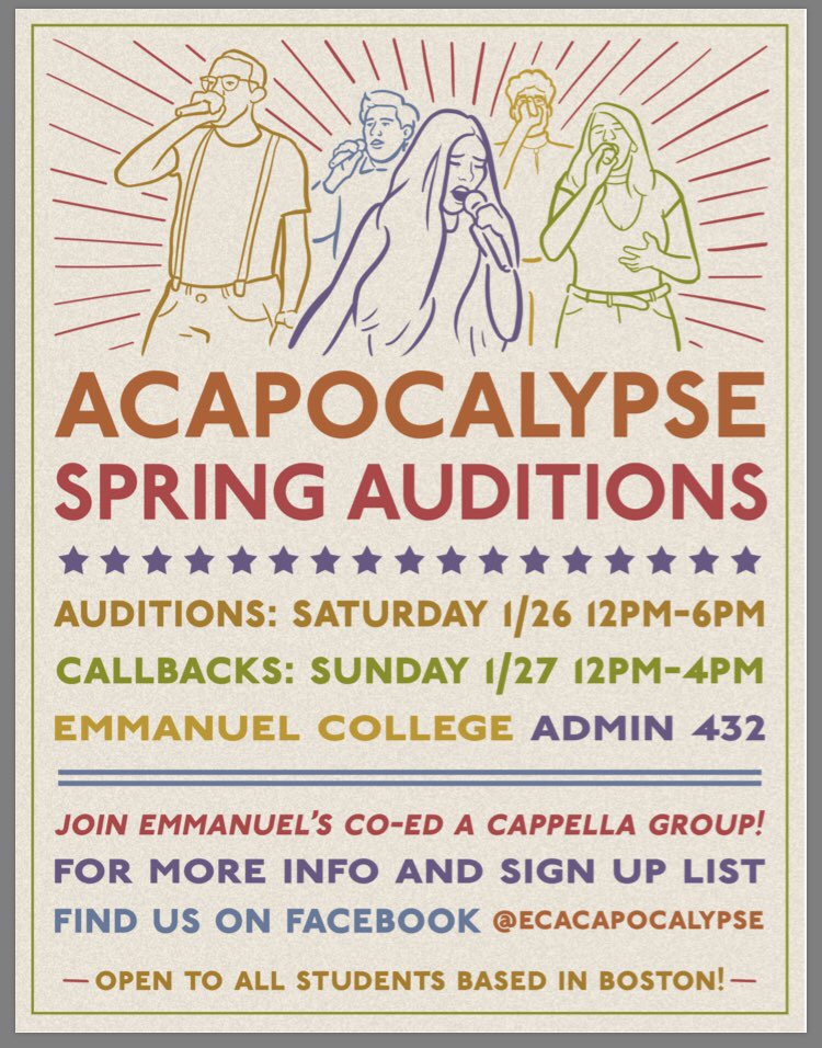 CALLING ALL SINGERS! Acapocalypse is hosting spring auditions this semester in the hopes of expanding our group! If you want to be apart of our amazing group, sign up for an audition slot here: docs.google.com/spreadsheets/d… 
Check out our Facebook event for more details!