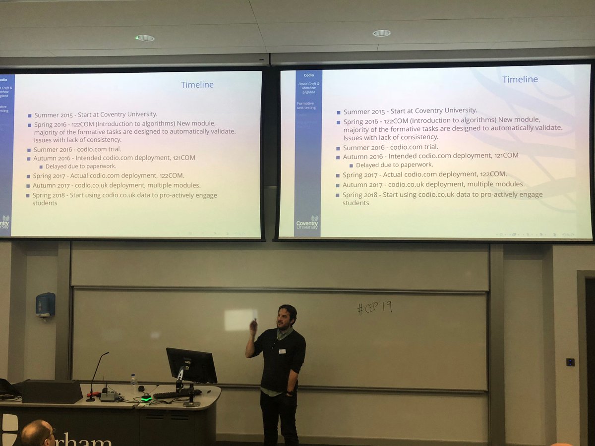 CodioHQ's tweet photo. The awesome David Croft of @covcampus sharing the benefits of introducing Codio to support undergraduate course teaching - including better student engagement, faster personalised feedback for students and better insight into student behaviour and learning outcomes. #cep19 https://t.co/OqlOEmSJYu