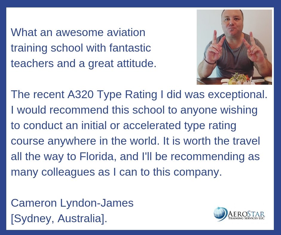 AerostarFltCrew's tweet photo. Our A320 students travel to sunny Florida to study with us from all over the world. Here's what Cameron has to say about us. #A320pilot #a320 #crewlife https://t.co/Xc19R99Uhj