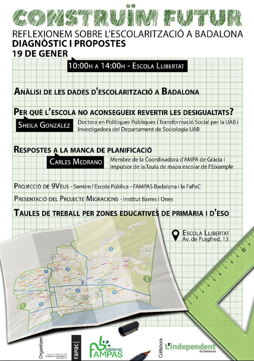FaBABadalona's tweet photo. 📢 Comença el compte enrere ⏰
📆 Dissabte 19 de gener
🕙 10-14h
📍 Escola Llibertat
Jornada #ConstruïmFutur. Parlarem sobre:
#Planificació #Segregació #Equitat #Preinscripció #MapaEscolar
Des de la diagnosi fins a trobar propostes de consens.
Us hi esperem! https://t.co/pgkjaI9GE4