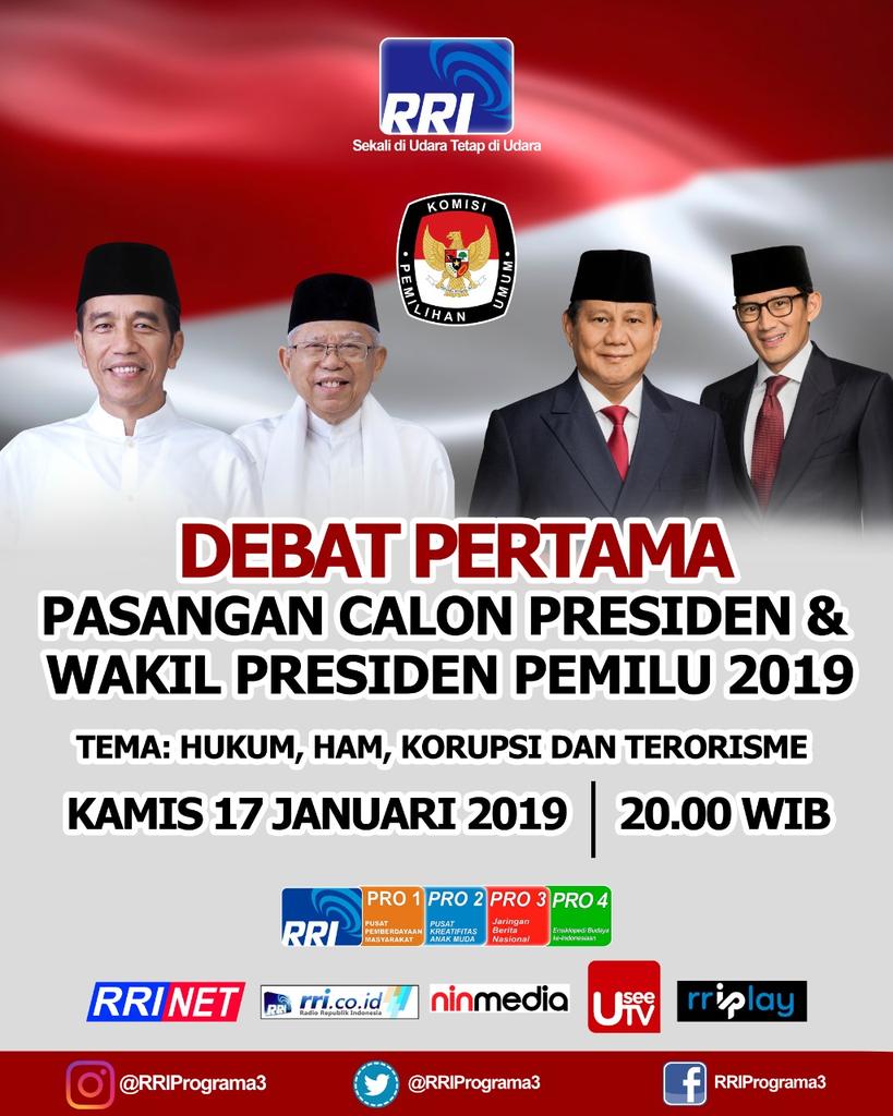 Pro1Nabire's tweet photo. Dengar dan Tonton Debat Pertama Capres &amp; Cawpres melalui PRO 1, PRO 2, PRO 3, PRO 4,  https://t.co/TR8GPeuB9U, RRPLAY,  USEETV, NIN MEDIA Kanal RRINET Kamis 17 Januari 2019 mulai pukul 19.00 wib #RRIDebatPertama https://t.co/oZMucDgxQy