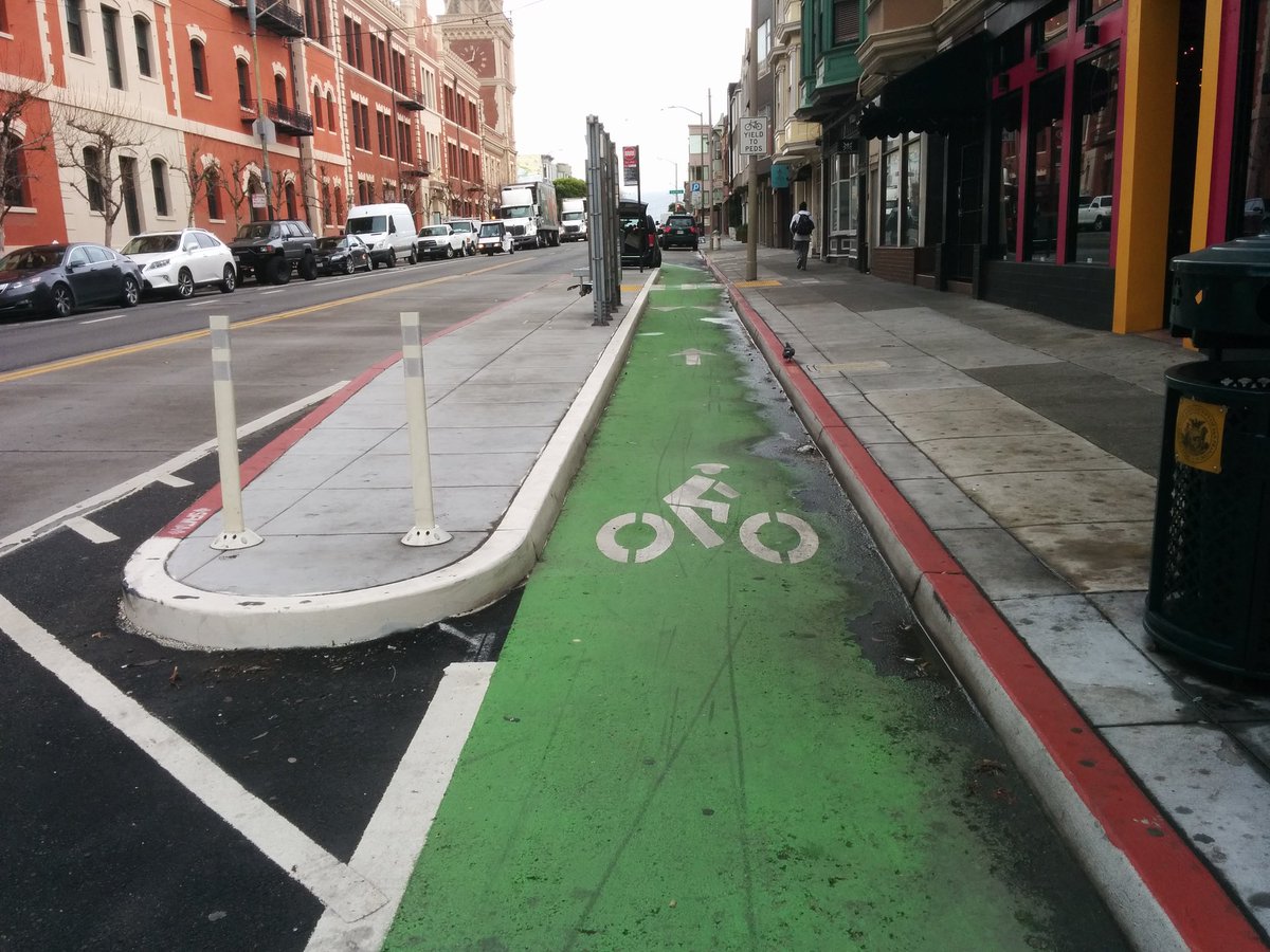 This boarding island on North Point at Polk is, what, a year old? At 5' wide no one drives through, but people do block the exit pretty often.