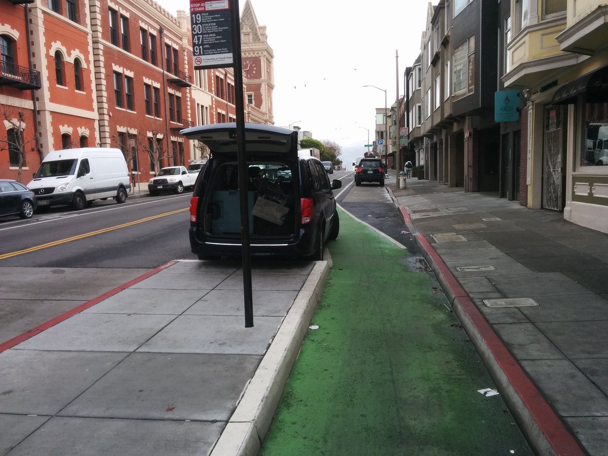 This boarding island on North Point at Polk is, what, a year old? At 5' wide no one drives through, but people do block the exit pretty often.