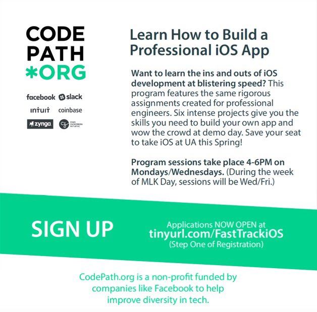 ESCUofA's tweet image. Are you interested in iOS App development? This program contains twelve weeks worth of intense, project-focused iOS training, giving you the skills you need to build your own app! The program starts January 23rd! #CodePath