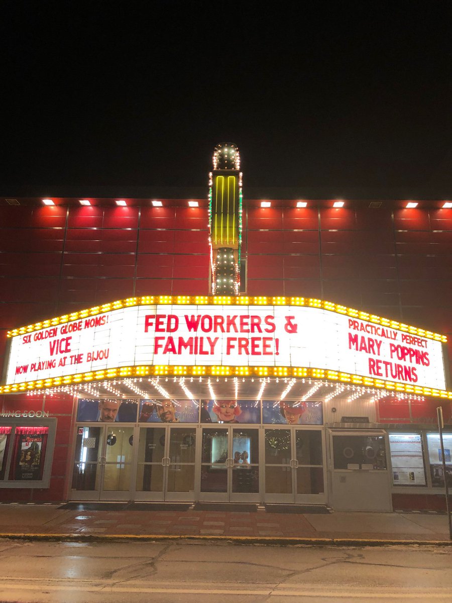 MMFlint's tweet photo. It’s not much, but I’ve opened up my two movie theaters in Michigan for free to all federal government employees and their families. Popcorn and pop is free, too. The bigger issue: Trump must end his shutdown now. https://t.co/buWkJJA9h6