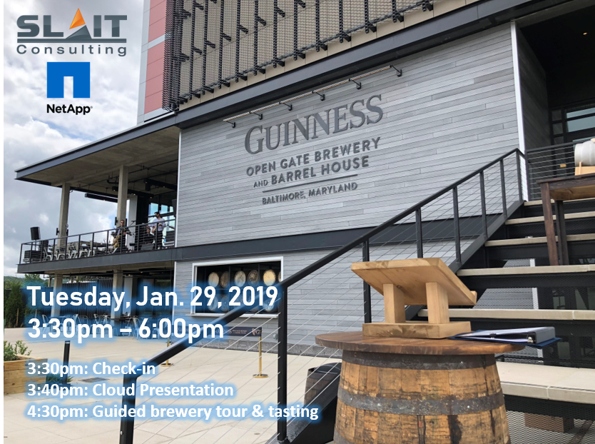 SLAITConsulting's tweet photo. Join us on 1/29 at the newly opened Guinness Open Gate Brewery in Baltimore, MD for a #Cloud Solutions Event &amp; Brewery Tour!  Learn how to unleash the full potential of your data with @NetApp to become a #DataVisionary &amp; enjoy a guided tour &amp; tasting! https://t.co/auXaCVZqYg https://t.co/16Z0DofpdR
