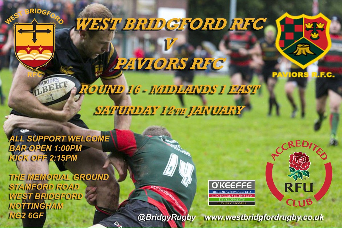 BridgyRugby's tweet image. Local Derby day on Saturday, @BridgyRugby take on local rivals  Paviors RFC in round 16 of Midlands 1 East.

Should be a cracker, pop down and support and watch the top two ranking clubs in Nottinghamshire. Bar opens at 1pm, KO 2:15pm #ng2 @GeorgeSquareFM @200Degs
