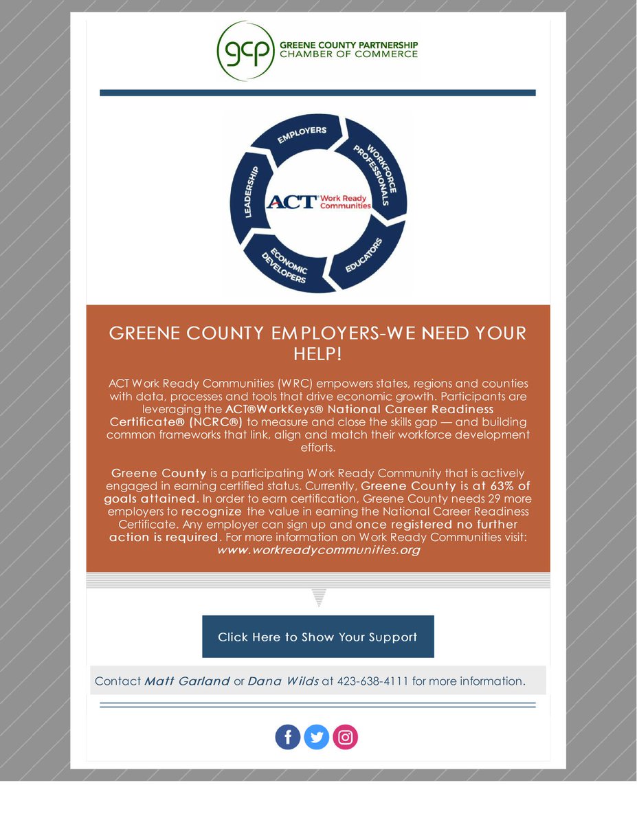 GreeneIndustry's tweet image. Greene County Employers, we need your help! By recognizing the ACT WorkKeys National Career Readiness Certificate, you can help Greene County become Work Ready Certified. #NCRC #ACTWRC
To show your support by signing up click here: workreadycommunities.org/business/form