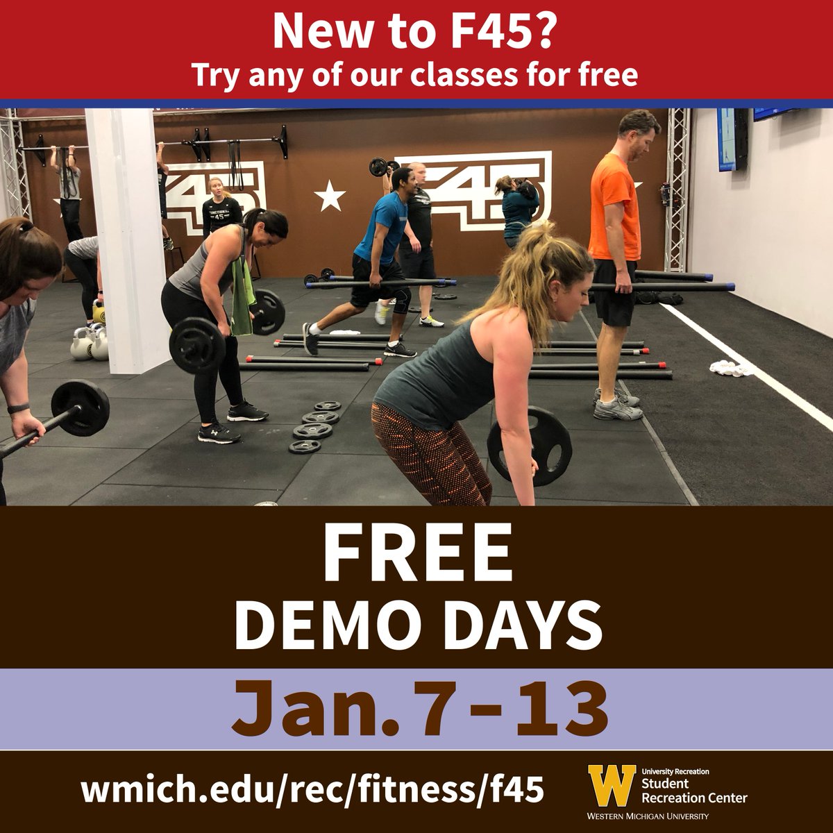 wmureccenter's tweet photo. New to F45? Our classes are FREE all week with special intros to F45 starting at 6:30 p.m. Wednesday, Jan. 9 during New Year, New YOU!
#WMUSRC #WMUF45 #NYNY
Check out our schedule of classes for New Year, New YOU!
https://t.co/y1xKN8ZWep https://t.co/Z0gp8TBLWE