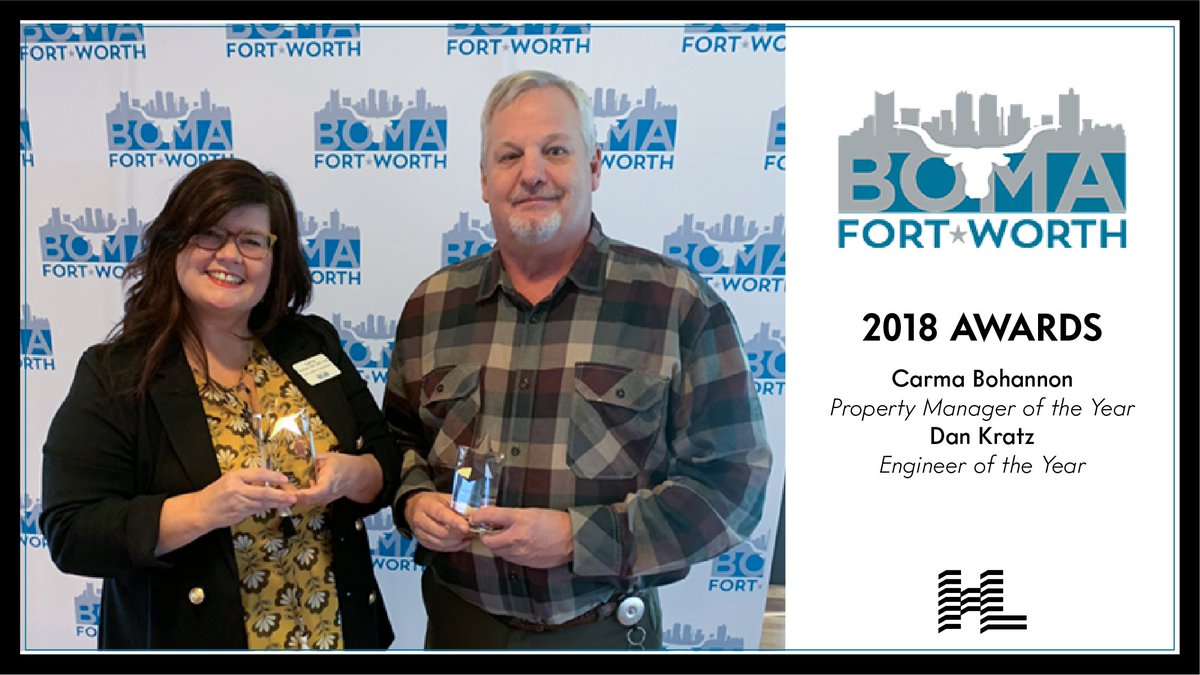 HoltLunsfordCRE's tweet photo. CONGRATULATIONS to our BOMA Fort Worth 2018 Award winners! Carma Bohannon, Property Manager of the Year and Dan Kratz, Engineer of the Year. Thank you for a job well done! #HLCRE #HLCREPropertyManagement #DFWpropertymanagement #propertymanagement #awards #congratulations https://t.co/x3ZkSy5KeB