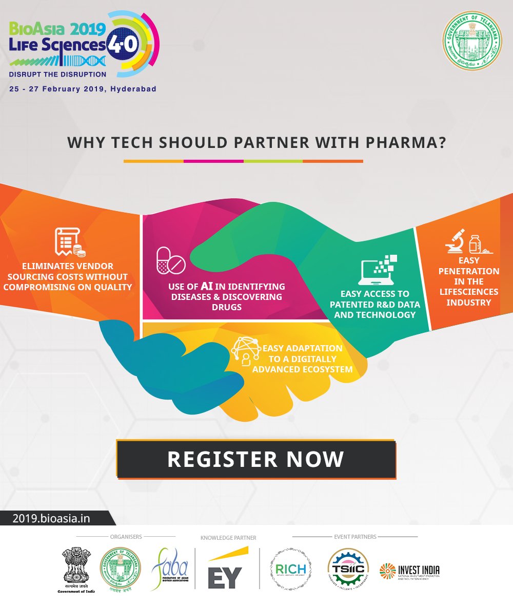 #BioAsia2019 is geared up to host 1200+ B2B meetings, making it the biggest #Lifesciences #Healthtech conference. Attend #BioAsia, &amp; explore #Pharmatech partnerships. #StayTuned for session updates, as we reveal the biggest names of the #Tech &amp; #Pharma industry coming to #BioAsia