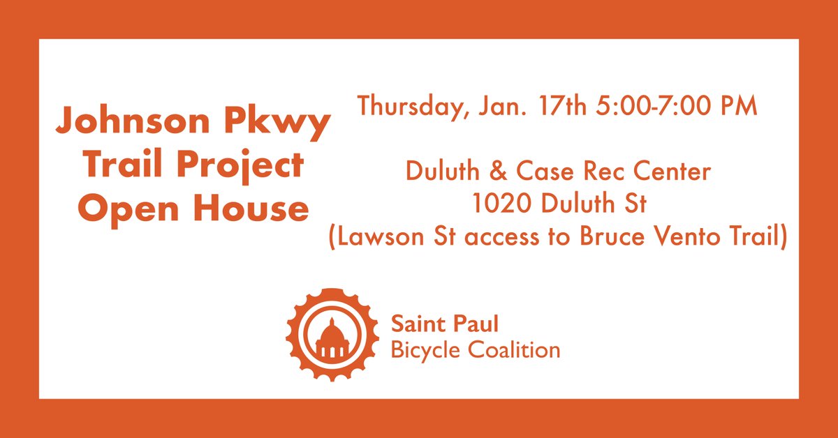 SaintPaulBike's tweet image. Open house scheduled for a new Grand Round trail set to be built on Johnson Pkwy in 2020. Jan. 17th, 5:00-7:00 PM at the Duluth and Case Rec Center. Learn more: facebook.com/events/9432619…