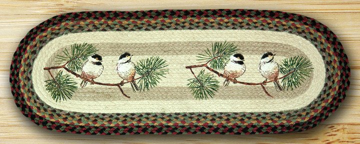 CampFitters's tweet photo. Chickadee Oval Patch Runner - Can be used as a table runner, dresser scarf or works in front of a entry door or kitchen/bath sink. 13"x 36" or 13" x 48". Runner reverses to a plain side. Shop https://t.co/zRti5eXIIX > Camp Kitchen > Table Runners. #cabindecor https://t.co/qpWWZ984u1
