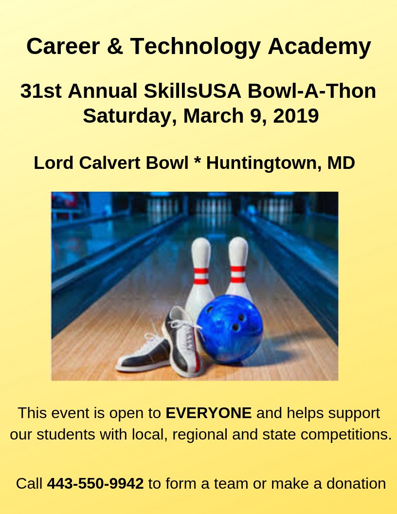 CTA_CCPS's tweet photo. Dust off those bowling shoes and join us for this fun event!! @THECalvertHigh @HtownHSCCPS @NHS_Patriots @PatuxentHSCCPS https://t.co/2q8bwBnIIZ