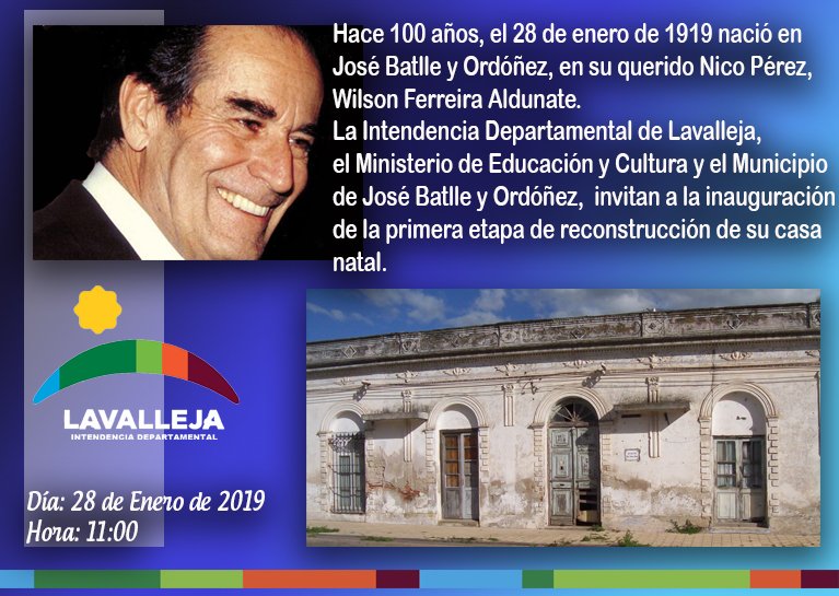 AlcaldesPN's tweet photo. #AlcaldesPN
El Municipio de Batlle y Ordoñez junto a la Intendencia de Lavalleja y el Ministerio de Educación y Cultura, invitan a la inauguración de la primera etapa de reconstrucción de la casa natal de Wilson, a 100 años de su nacimiento. https://t.co/2cS1MG7O8F