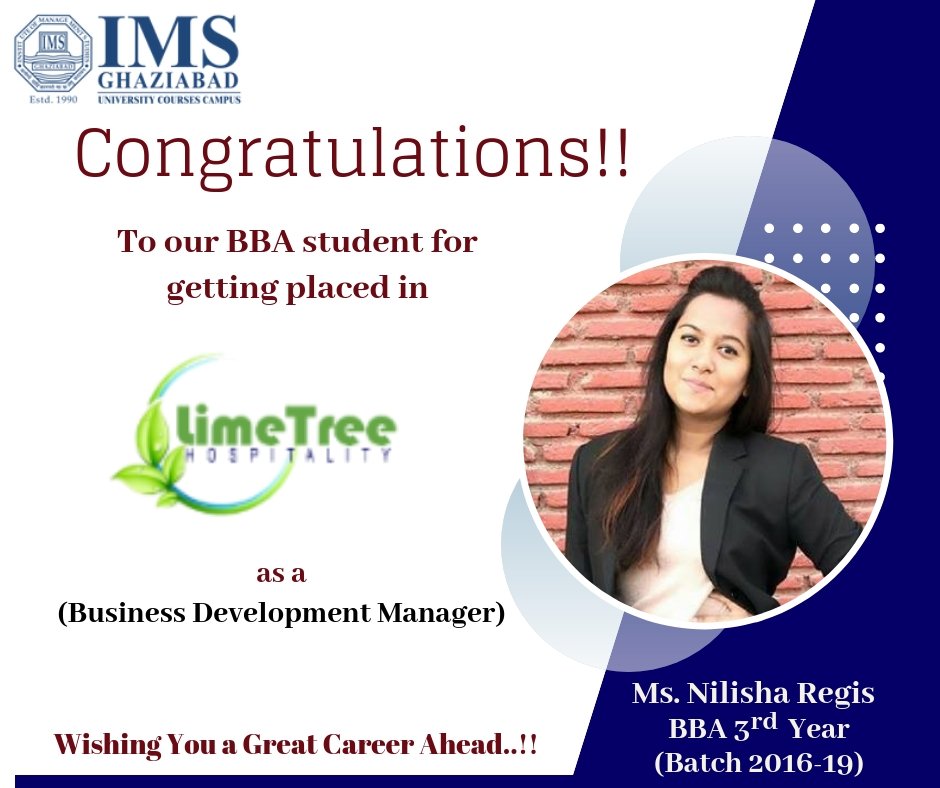 imsuc_campus's tweet image. IMS Ghaziabad (University Courses Campus) is proud to announce that our BBA student Ms Nilisha Regis (batch 2016 -19) got selected in Limetree Hospitality as a (Business Development Manager).
Hearty congratulations to her!!
#imsghaziabad
#placement
#CIACawarded
#CEGRawarded