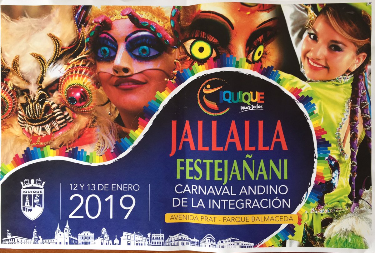 MitchelCartes's tweet photo. Los días 12 y 13 de enero, se realizará el #CarnavalAndino de la #Integración #Jallalla #FestejaÑani lugar: Avda #ArturoPart y #ParqueBalmaceda de #Iquique @IquiqueDeTodos @renenaranjo @PANCHOSAAVEDRA @ConcejalesPS #Turismo y #Cultura https://t.co/euRrIH1Ukj