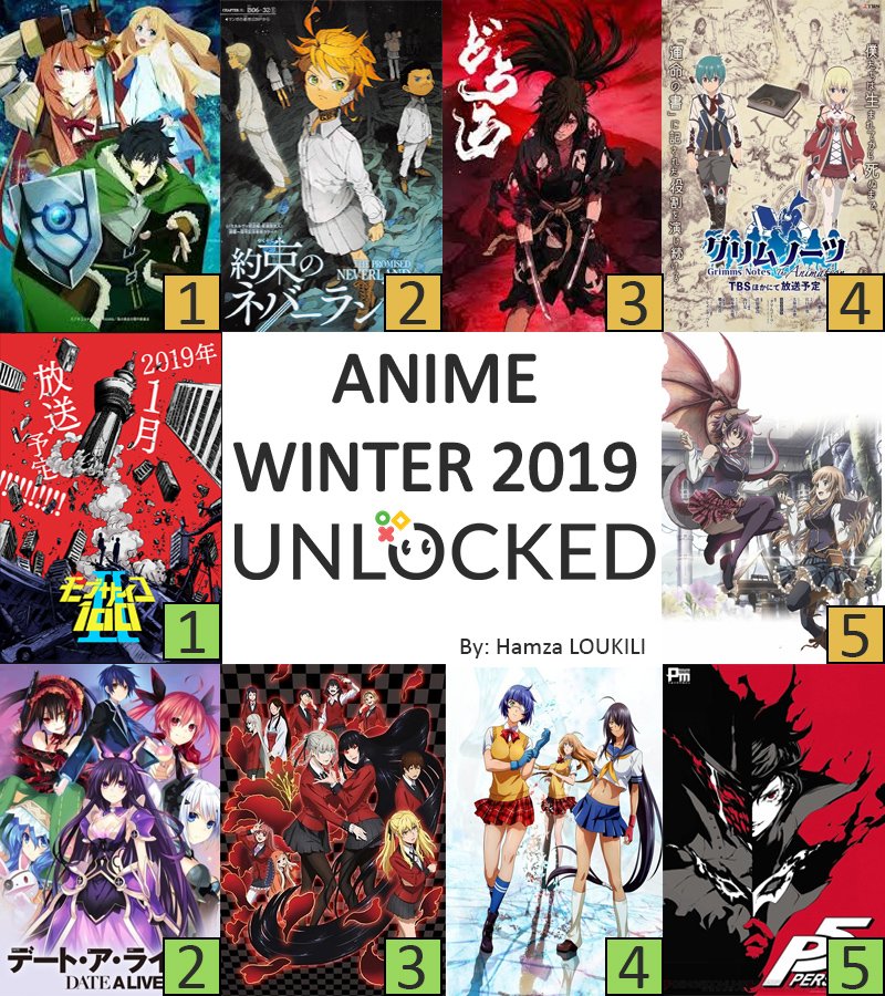 LoukiliHamza1's tweet photo. here is my list for this #anime winter 2019
#TatenoYuushanoNariagari 
#yakusokunoneverland
#Dororo
#GrimmsNotesTheAnimation
#ManariaFriends
#mobpsycho1002
#DateALiveIII
#KakeguruiXX 
#IkkiTousen Western Wolves
#Persona5 the Animation: Dark Sun https://t.co/f3fvEAxrLX
